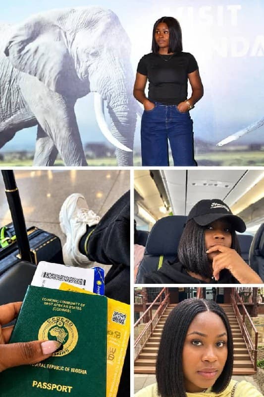 Photo collage from her trips: airport mural, passport and boarding passes, in flight